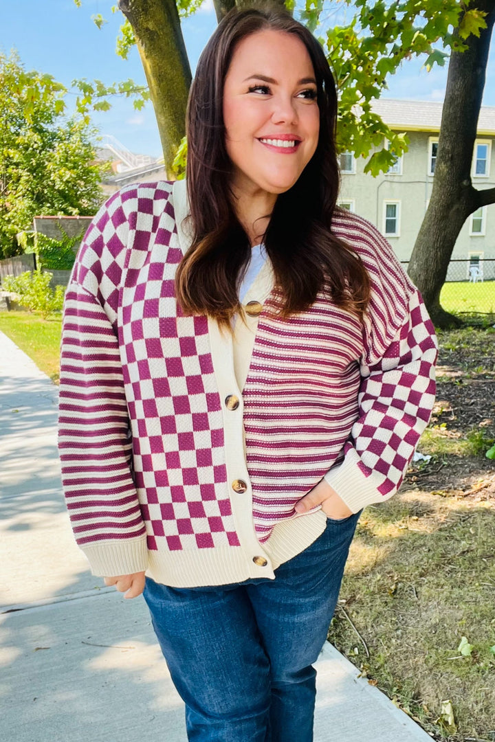 Cozy Days Magenta Checkered & Striped Button-Down Cardigan-Haptics-[option4]-[option5]-[option6]-[option7]-[option8]-Shop-Boutique-Clothing-for-Women-Online