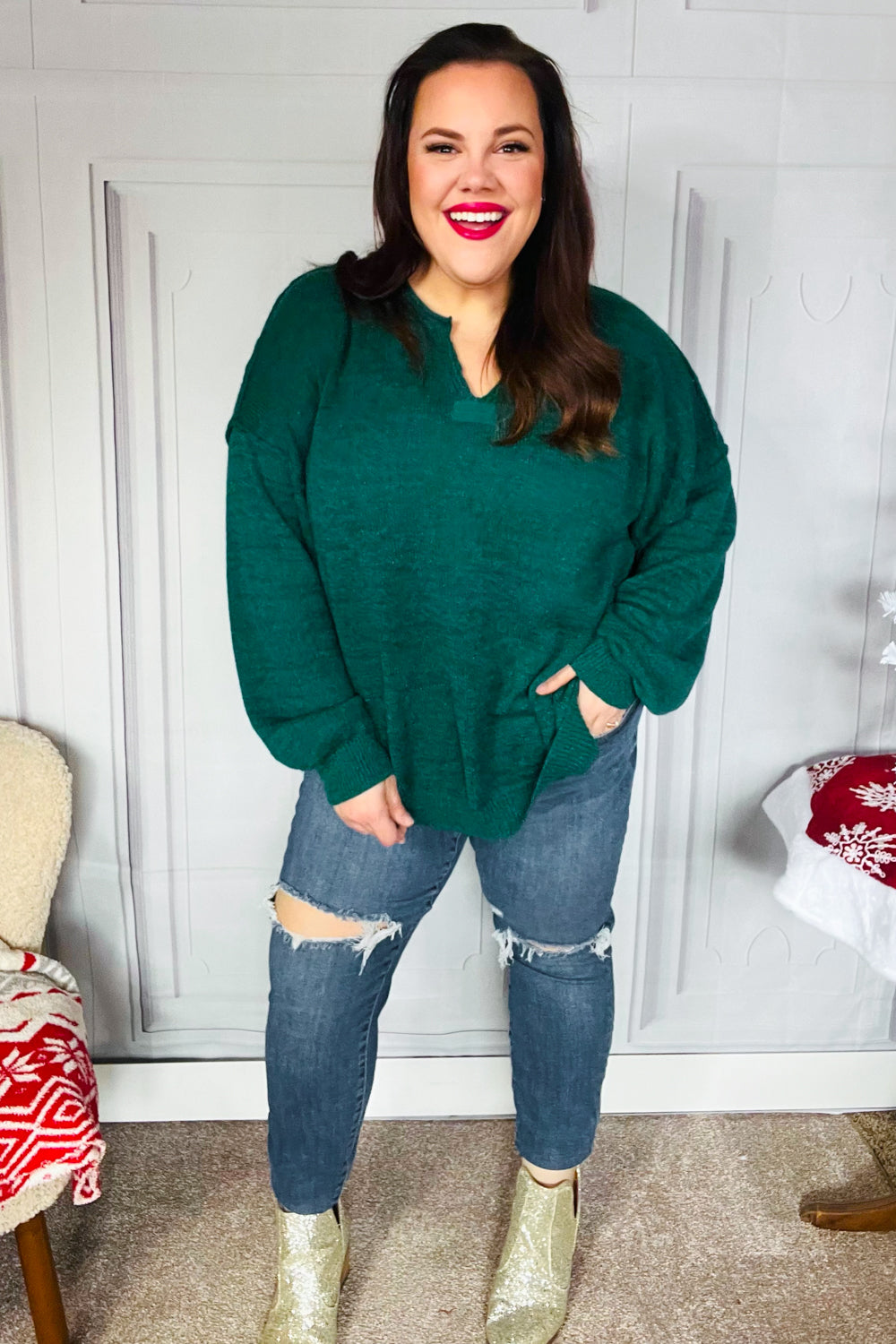 Lock Eyes Hunter Green Notched Neck With Patch Oversized Sweater-Haptics-[option4]-[option5]-[option6]-[option7]-[option8]-Shop-Boutique-Clothing-for-Women-Online