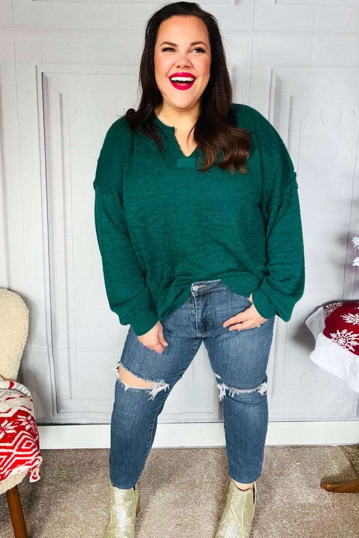 Lock Eyes Hunter Green Notched Neck With Patch Oversized Sweater-Haptics-[option4]-[option5]-[option6]-[option7]-[option8]-Shop-Boutique-Clothing-for-Women-Online