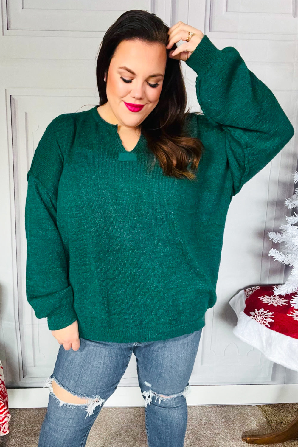 Lock Eyes Hunter Green Notched Neck With Patch Oversized Sweater-Haptics-[option4]-[option5]-[option6]-[option7]-[option8]-Shop-Boutique-Clothing-for-Women-Online