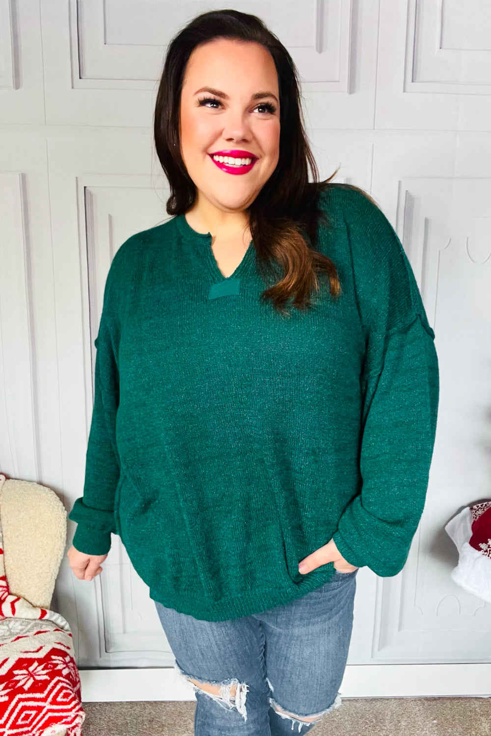 Lock Eyes Hunter Green Notched Neck With Patch Oversized Sweater-Haptics-[option4]-[option5]-[option6]-[option7]-[option8]-Shop-Boutique-Clothing-for-Women-Online