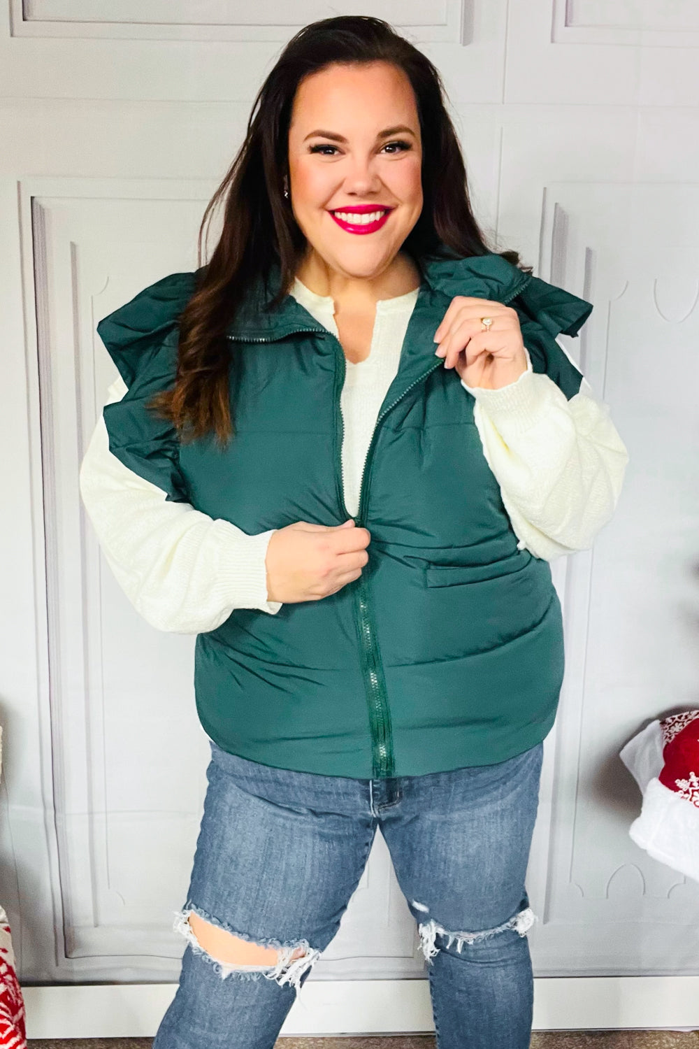 Feeling Festive Hunter Green Zipper Up Quilted Ruffle Sleeve Puffer Vest-Haptics-[option4]-[option5]-[option6]-[option7]-[option8]-Shop-Boutique-Clothing-for-Women-Online