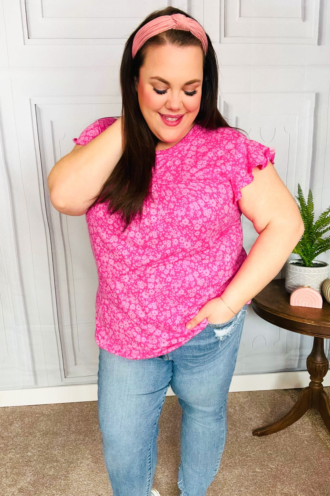 Look Of Love Fuchsia Floral Yoke Ruffle Short Sleeve Top-Haptics-[option4]-[option5]-[option6]-[option7]-[option8]-Shop-Boutique-Clothing-for-Women-Online