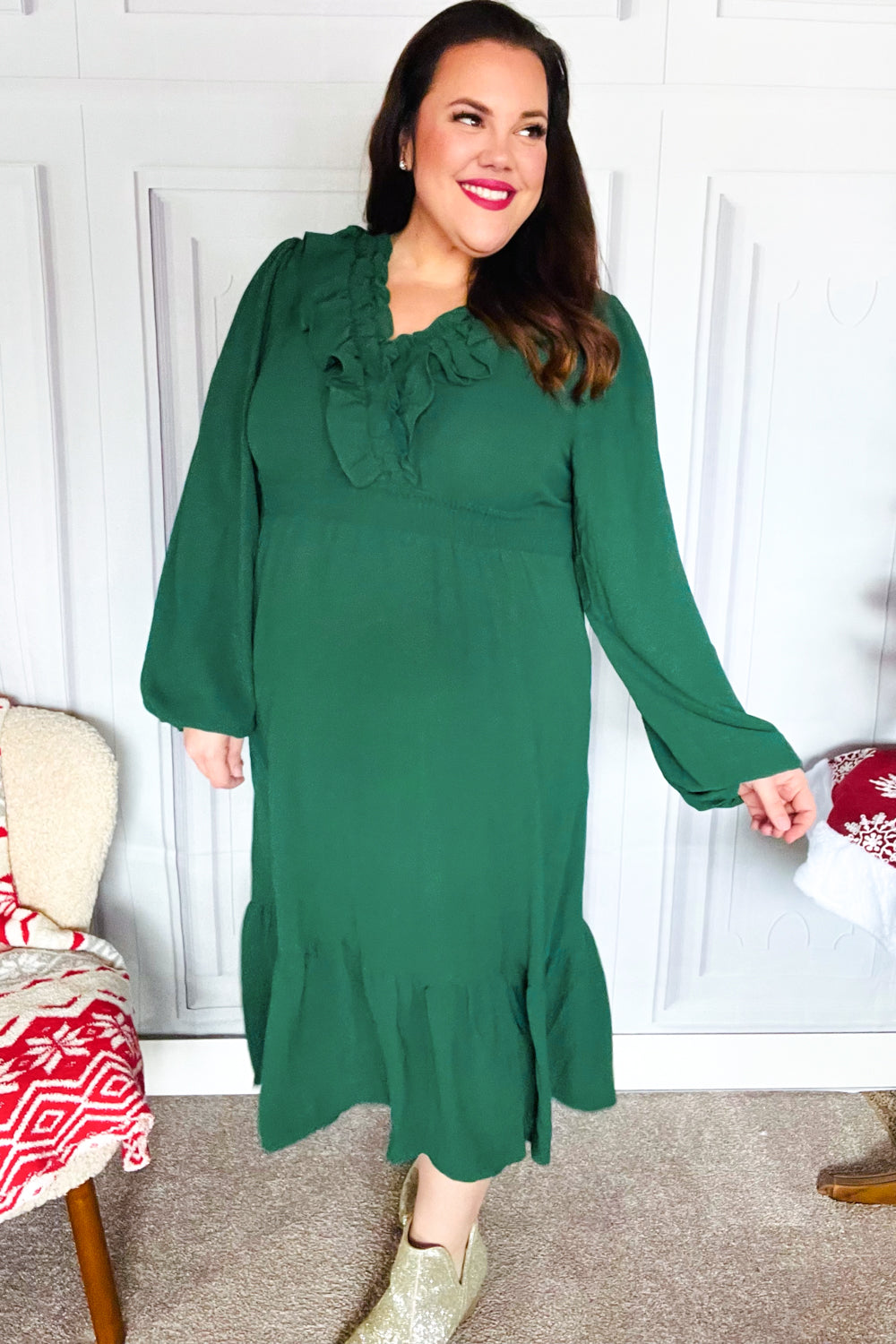 Beautiful You Holiday Green Overlap Ruffle V Neck Midi Dress-Haptics-[option4]-[option5]-[option6]-[option7]-[option8]-Shop-Boutique-Clothing-for-Women-Online