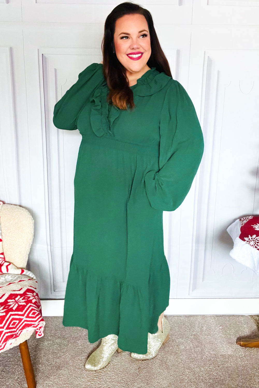 Beautiful You Holiday Green Overlap Ruffle V Neck Midi Dress-Haptics-[option4]-[option5]-[option6]-[option7]-[option8]-Shop-Boutique-Clothing-for-Women-Online