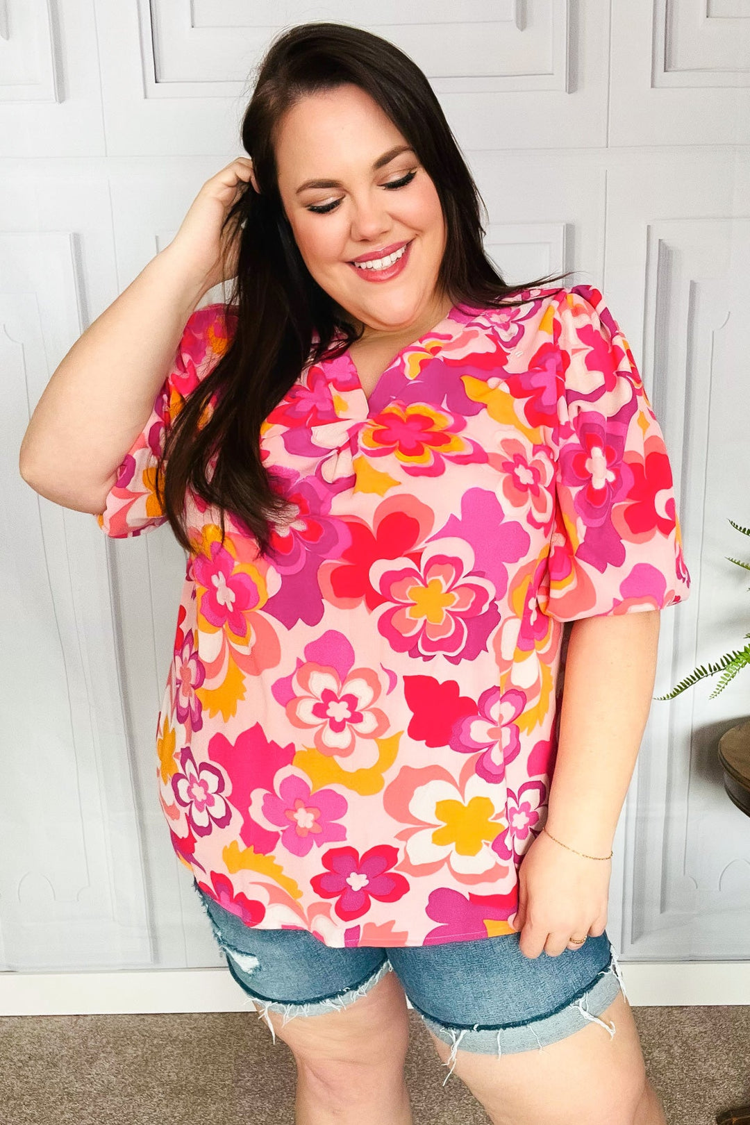 All That You Need Pink Floral Puff Sleeve V Neck Top-Haptics-[option4]-[option5]-[option6]-[option7]-[option8]-Shop-Boutique-Clothing-for-Women-Online