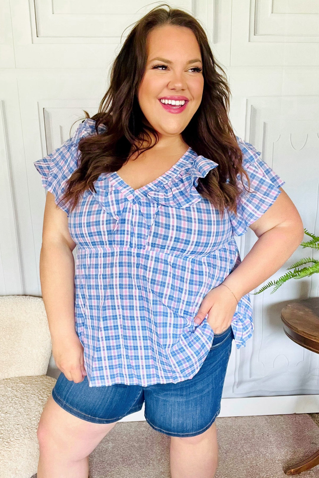 Hello Beautiful Blue Plaid V Neck Ruffle Elastic Babydoll Top-Haptics-[option4]-[option5]-[option6]-[option7]-[option8]-Shop-Boutique-Clothing-for-Women-Online