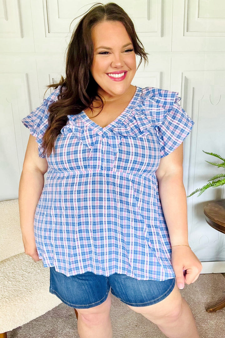 Hello Beautiful Blue Plaid V Neck Ruffle Elastic Babydoll Top-Haptics-[option4]-[option5]-[option6]-[option7]-[option8]-Shop-Boutique-Clothing-for-Women-Online