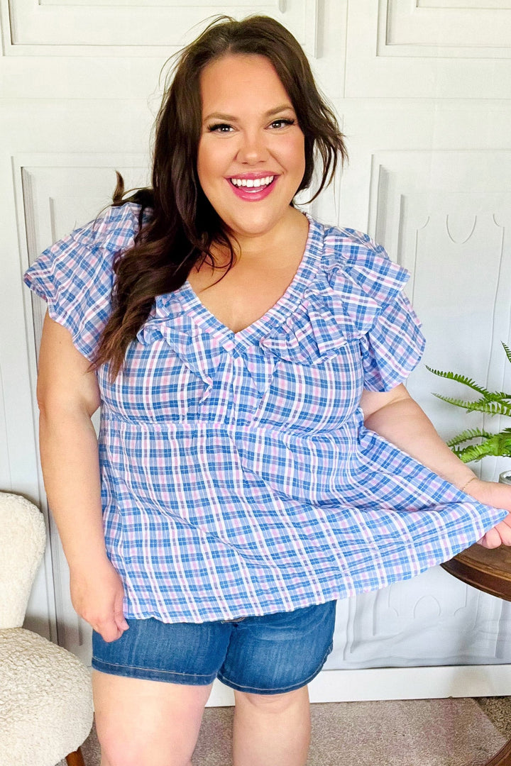 Hello Beautiful Blue Plaid V Neck Ruffle Elastic Babydoll Top-Haptics-[option4]-[option5]-[option6]-[option7]-[option8]-Shop-Boutique-Clothing-for-Women-Online