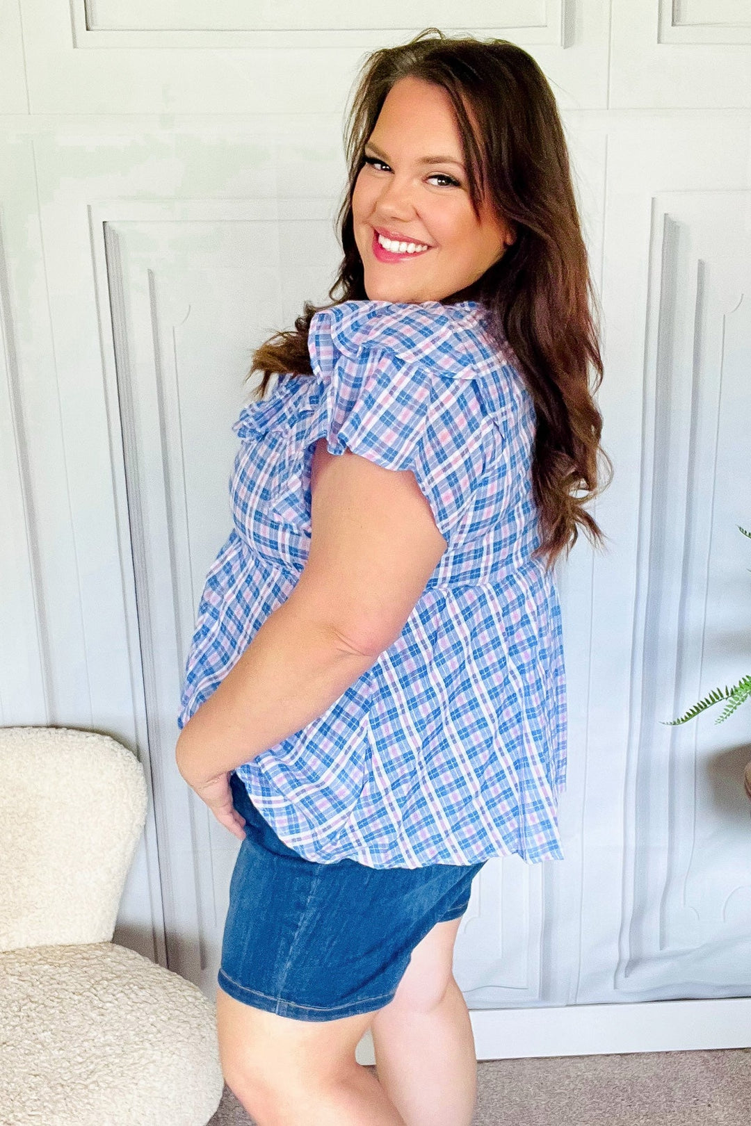 Hello Beautiful Blue Plaid V Neck Ruffle Elastic Babydoll Top-Haptics-[option4]-[option5]-[option6]-[option7]-[option8]-Shop-Boutique-Clothing-for-Women-Online