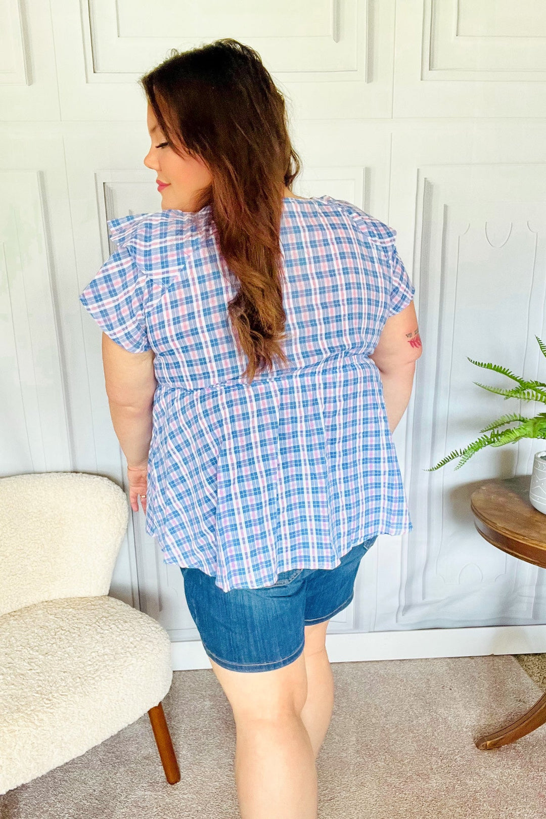 Hello Beautiful Blue Plaid V Neck Ruffle Elastic Babydoll Top-Haptics-[option4]-[option5]-[option6]-[option7]-[option8]-Shop-Boutique-Clothing-for-Women-Online