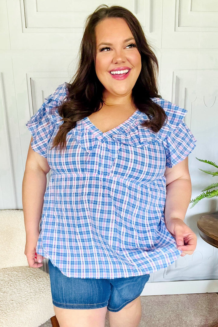 Hello Beautiful Blue Plaid V Neck Ruffle Elastic Babydoll Top-Haptics-[option4]-[option5]-[option6]-[option7]-[option8]-Shop-Boutique-Clothing-for-Women-Online