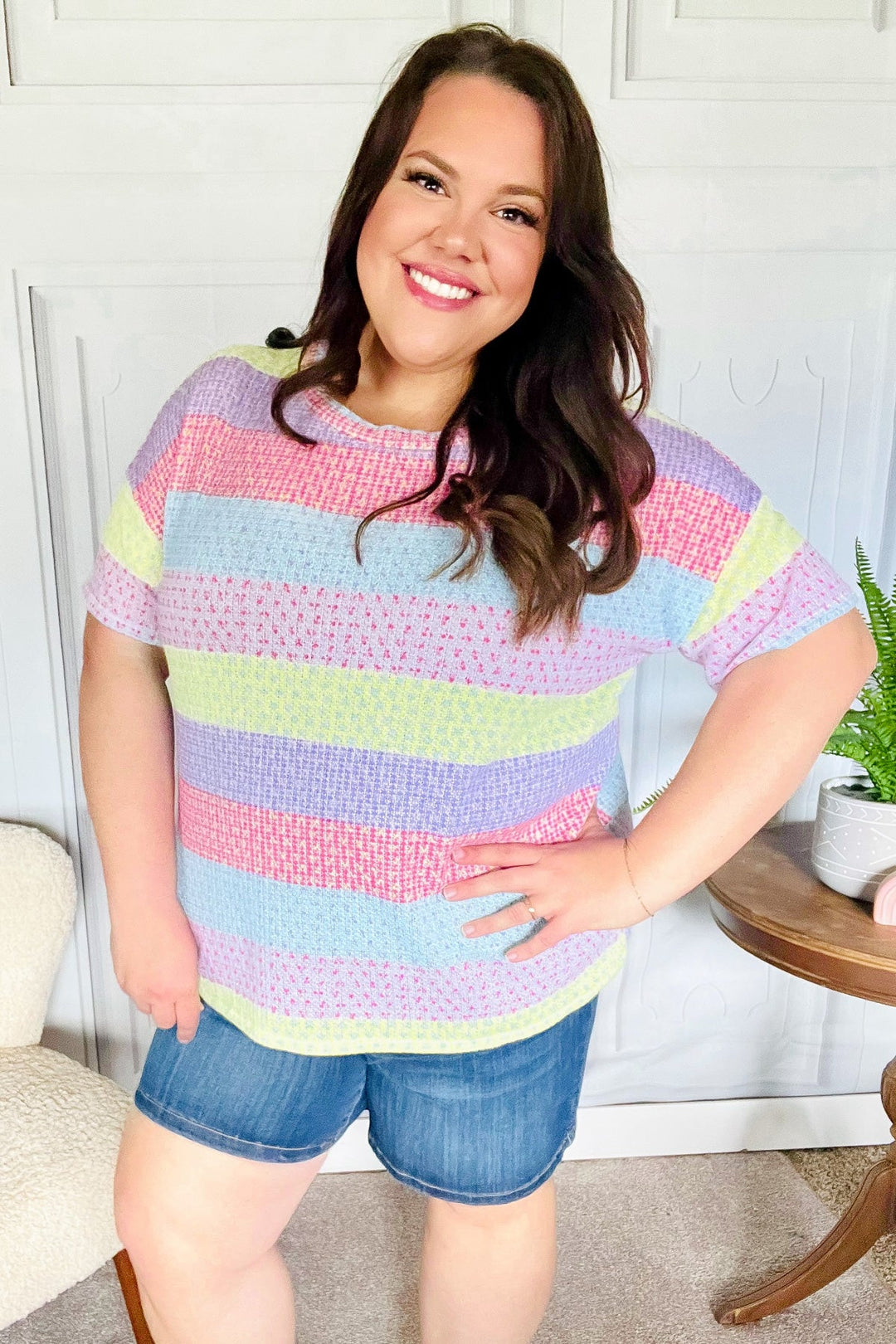 Stand Out Lavender & Pink Striped Textured Waffle Knit Top-Haptics-[option4]-[option5]-[option6]-[option7]-[option8]-Shop-Boutique-Clothing-for-Women-Online