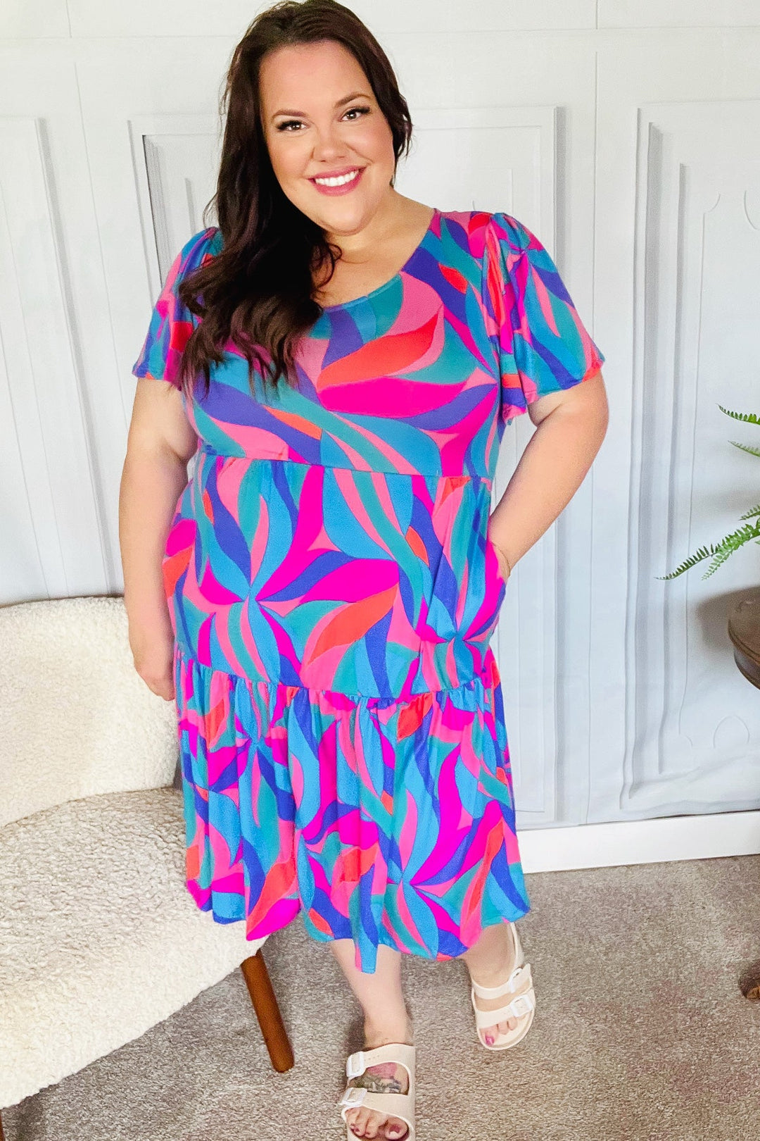 Remember Me Blue & Fuchsia Geo Print V Neck Dress-Haptics-[option4]-[option5]-[option6]-[option7]-[option8]-Shop-Boutique-Clothing-for-Women-Online