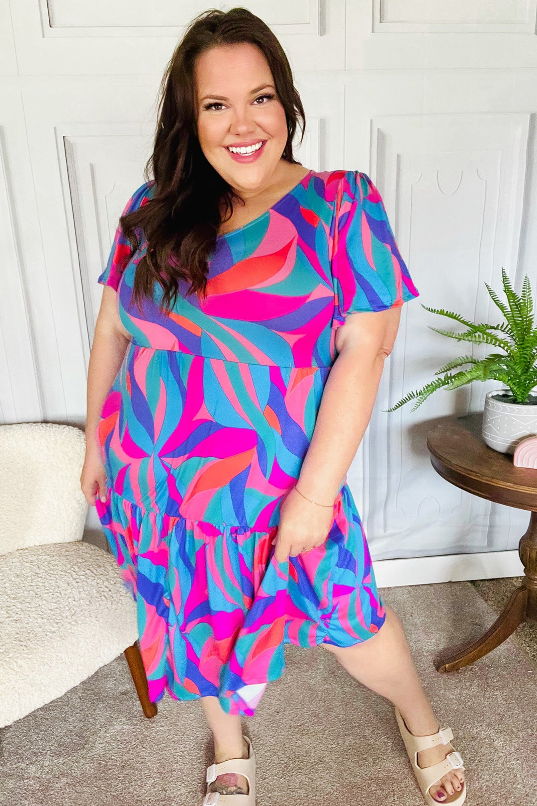 Remember Me Blue & Fuchsia Geo Print V Neck Dress-Haptics-[option4]-[option5]-[option6]-[option7]-[option8]-Shop-Boutique-Clothing-for-Women-Online