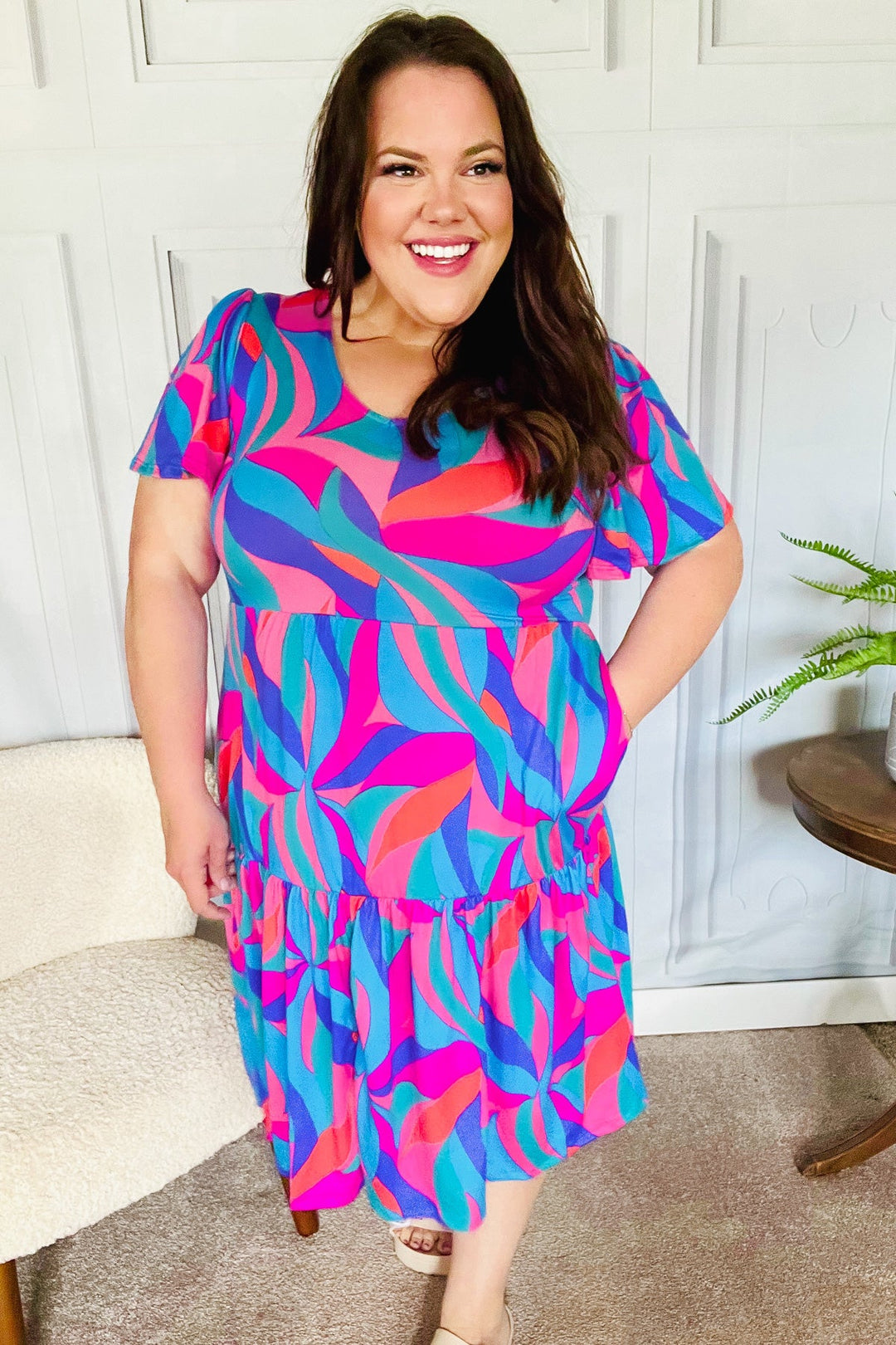 Remember Me Blue & Fuchsia Geo Print V Neck Dress-Haptics-[option4]-[option5]-[option6]-[option7]-[option8]-Shop-Boutique-Clothing-for-Women-Online