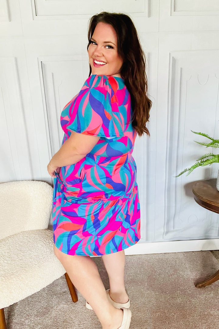 Remember Me Blue & Fuchsia Geo Print V Neck Dress-Haptics-[option4]-[option5]-[option6]-[option7]-[option8]-Shop-Boutique-Clothing-for-Women-Online