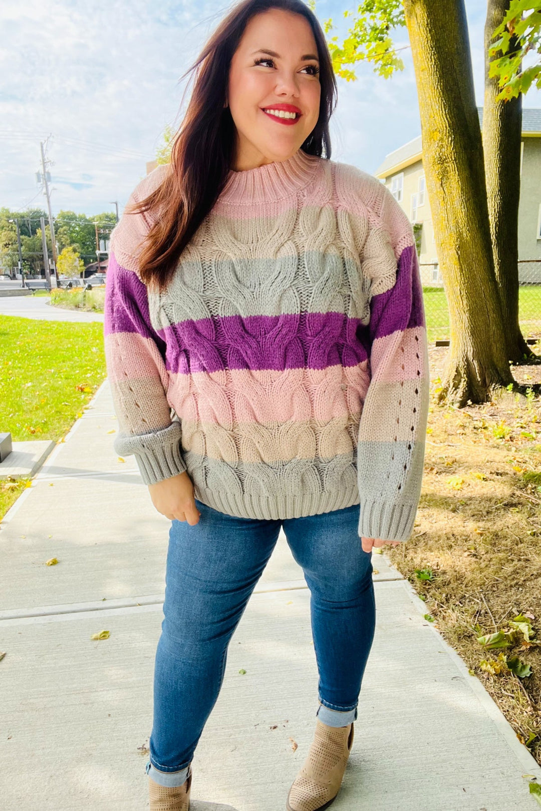 Fall For You Mauve Multicolor Stripe Cable Knit Mock Neck Sweater-Haptics-[option4]-[option5]-[option6]-[option7]-[option8]-Shop-Boutique-Clothing-for-Women-Online