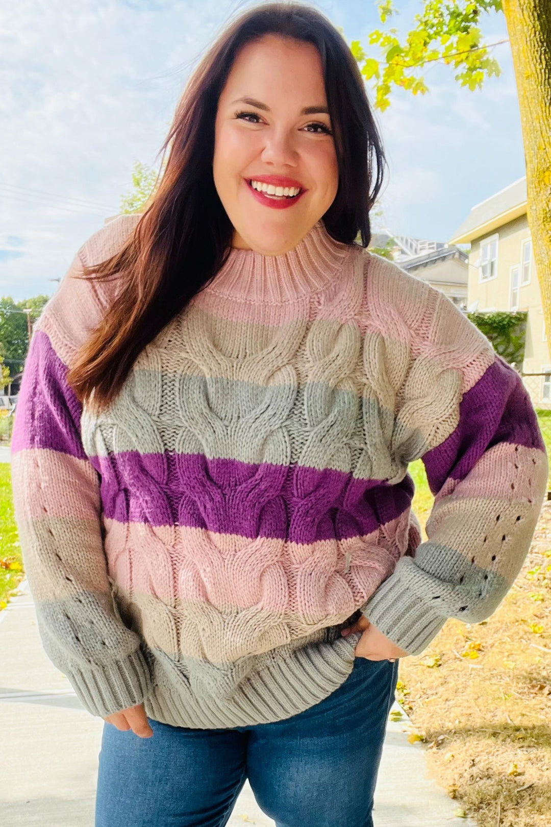 Fall For You Mauve Multicolor Stripe Cable Knit Mock Neck Sweater-Haptics-[option4]-[option5]-[option6]-[option7]-[option8]-Shop-Boutique-Clothing-for-Women-Online