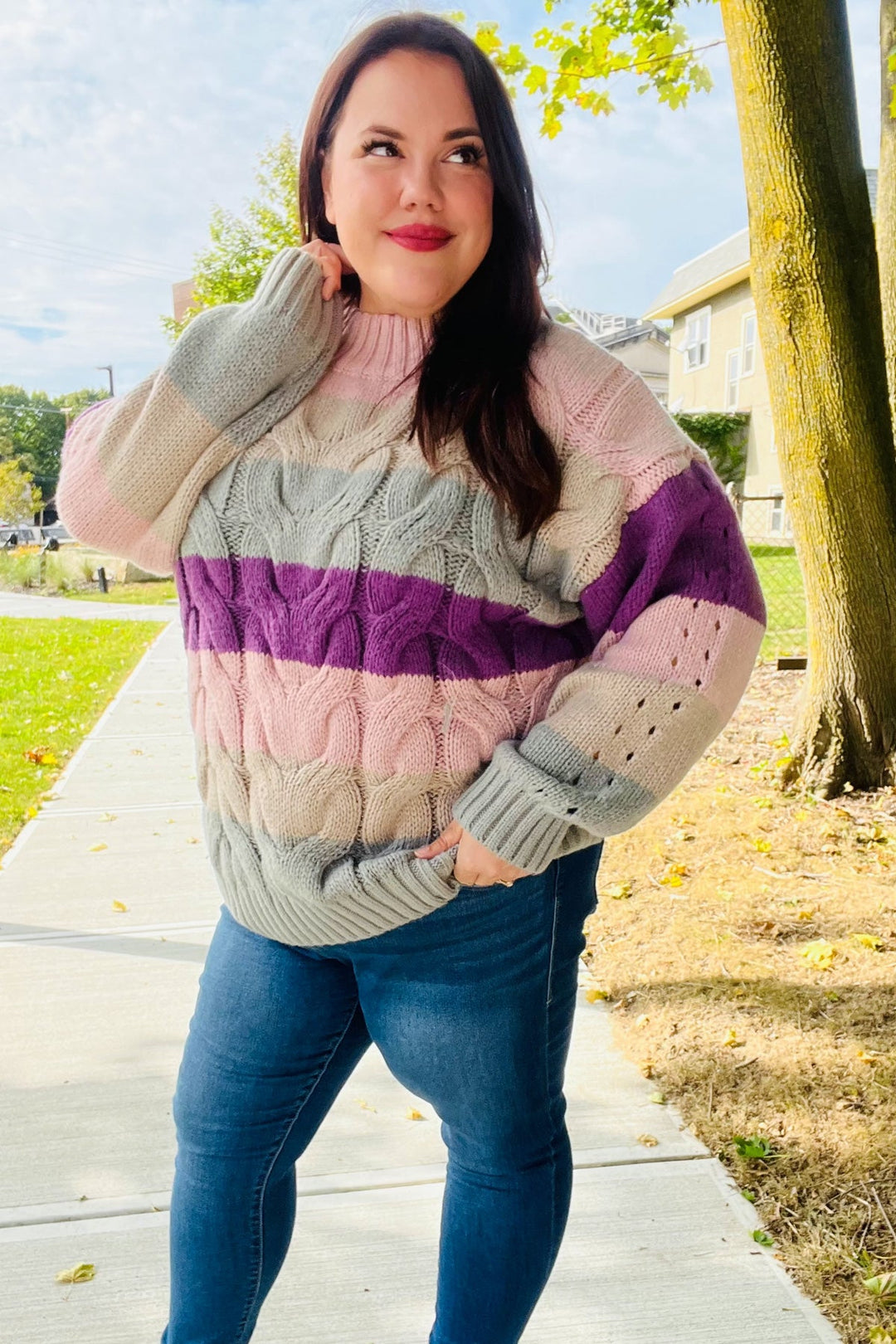 Fall For You Mauve Multicolor Stripe Cable Knit Mock Neck Sweater-Haptics-[option4]-[option5]-[option6]-[option7]-[option8]-Shop-Boutique-Clothing-for-Women-Online