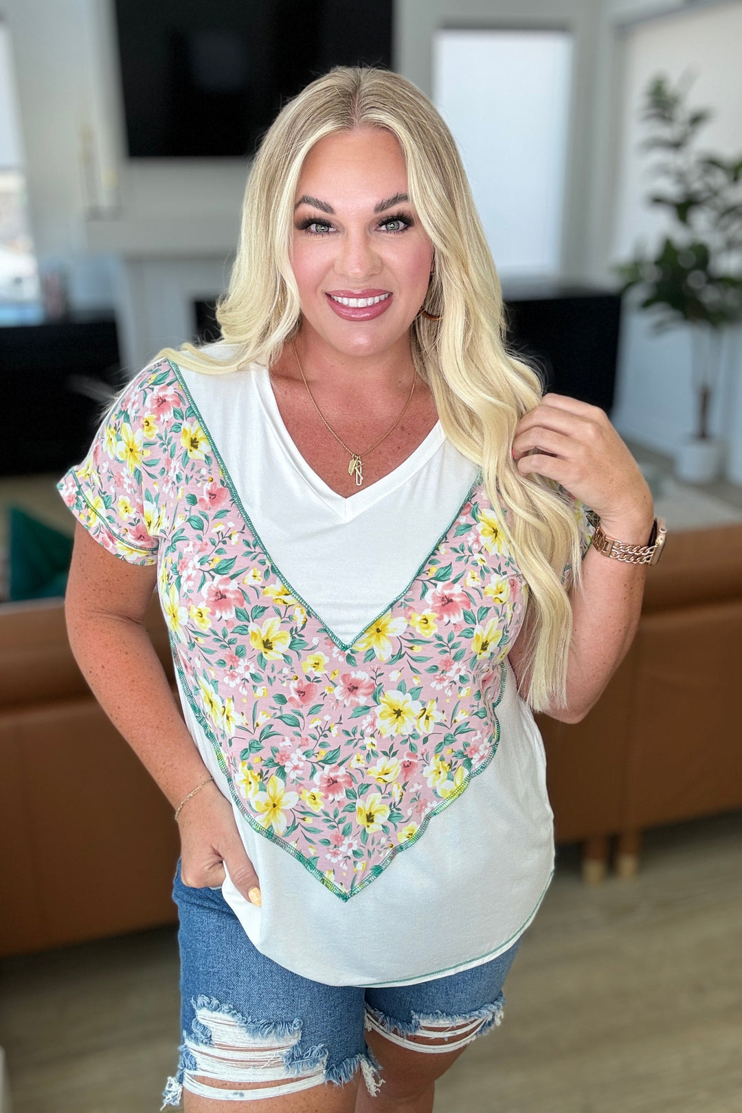 To Rock a Rhyme Color Block Top in Pink Floral-Tops-Ave Shops-[option4]-[option5]-[option6]-[option7]-[option8]-Shop-Boutique-Clothing-for-Women-Online