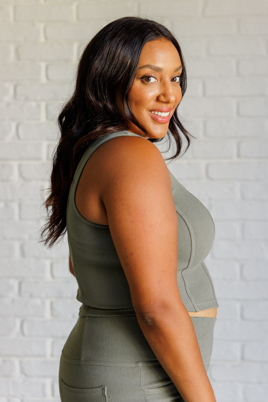 Rae Mode It's All About the Balance Twill Square Neck Crop Top in Dusty Olive-Tops-Ave Shops-[option4]-[option5]-[option6]-[option7]-[option8]-Shop-Boutique-Clothing-for-Women-Online