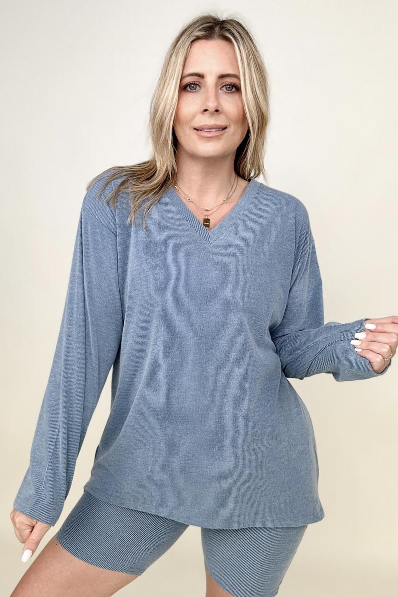 Petal Dew Solid V Neck Long Sleeve Loose Fit T-Shirt-T-shirts-Kiwidrop-Denim Blue-S-[option4]-[option5]-[option6]-[option7]-[option8]-Shop-Boutique-Clothing-for-Women-Online