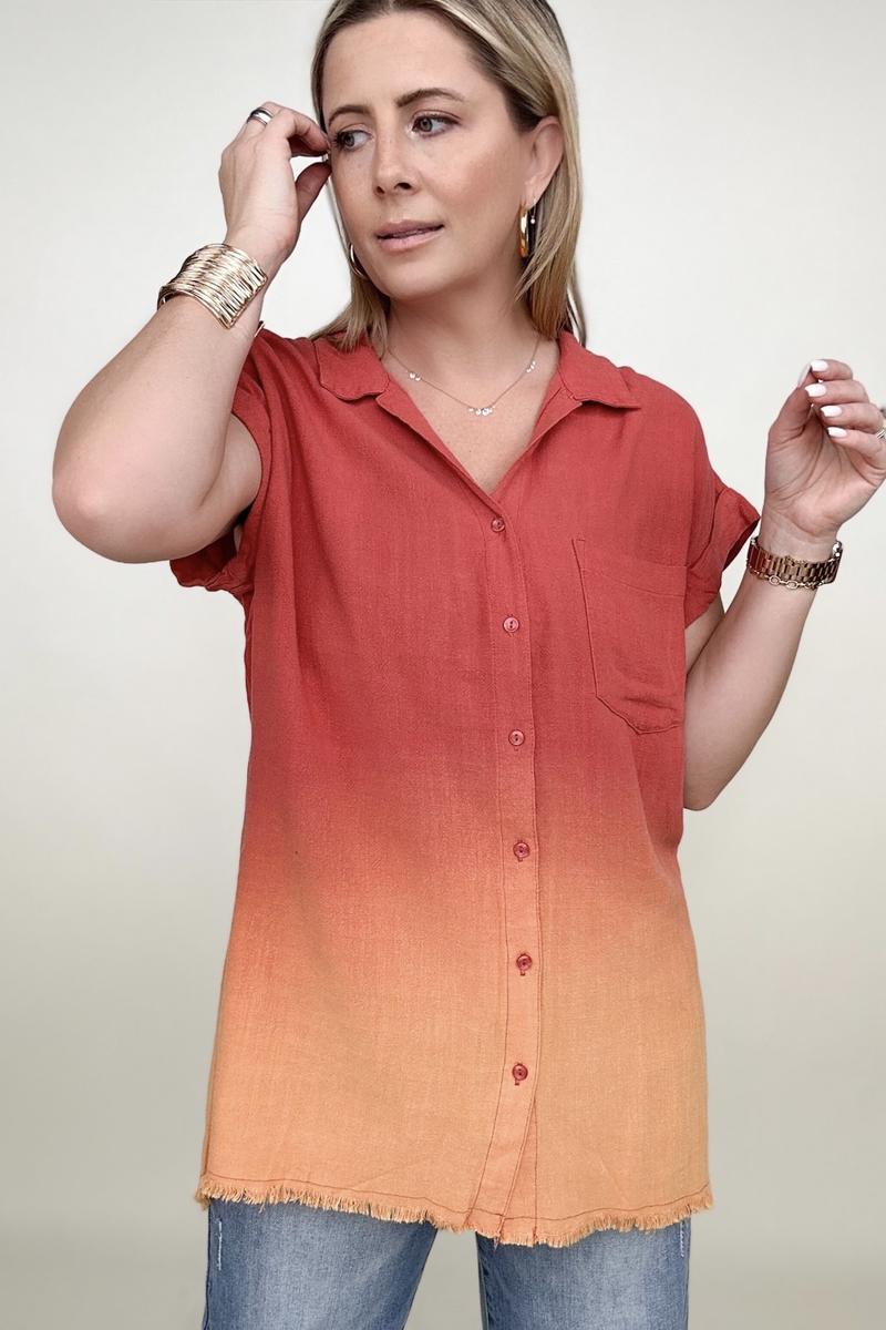 Umgee Linen Blend Bleach Dip Dye Button Down Top-T-shirts-Kiwidrop-UMG-Brick-S-[option4]-[option5]-[option6]-[option7]-[option8]-Shop-Boutique-Clothing-for-Women-Online