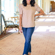 Kelsi Jacquard Puff Sleeve Top In Tan-Womens-Ave Shops-[option4]-[option5]-[option6]-[option7]-[option8]-Shop-Boutique-Clothing-for-Women-Online