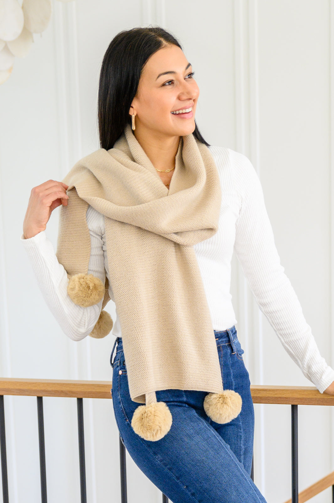 Knitted Fuzzy Pom Pom Scarf In Beige-Womens-Ave Shops-OS-[option4]-[option5]-[option6]-[option7]-[option8]-Shop-Boutique-Clothing-for-Women-Online