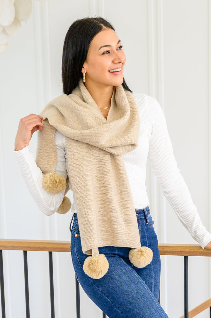 Knitted Fuzzy Pom Pom Scarf In Beige-Womens-Ave Shops-OS-[option4]-[option5]-[option6]-[option7]-[option8]-Shop-Boutique-Clothing-for-Women-Online