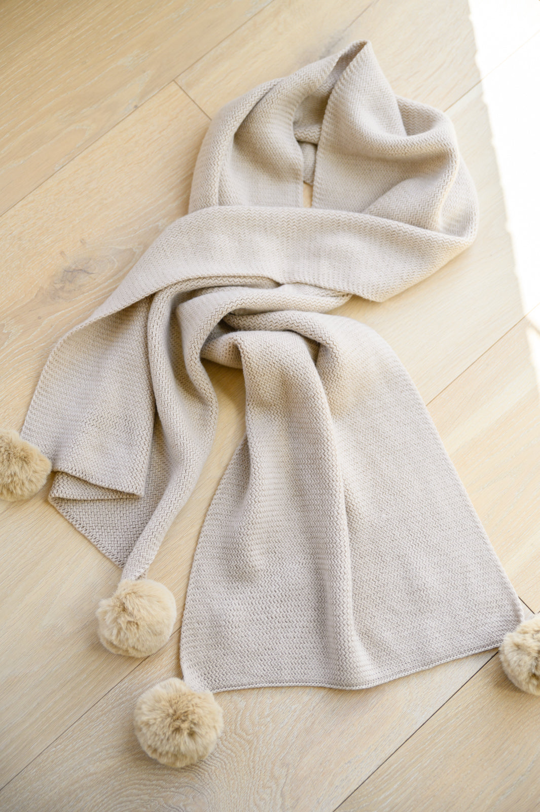 Knitted Fuzzy Pom Pom Scarf In Beige-Womens-Ave Shops-OS-[option4]-[option5]-[option6]-[option7]-[option8]-Shop-Boutique-Clothing-for-Women-Online