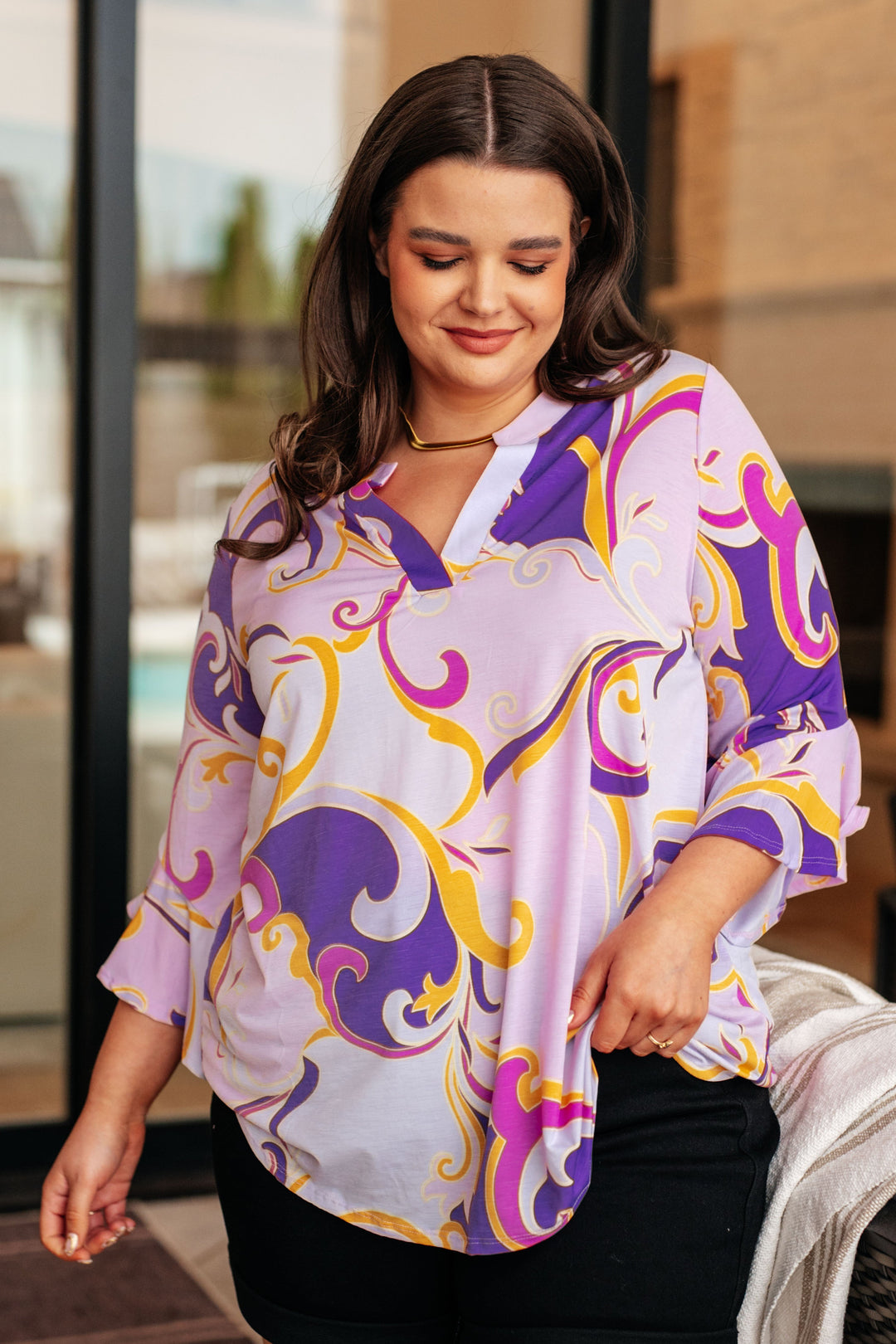 Lizzy Bell Sleeve Top in Regal Lavender and Gold-Tops-Ave Shops-[option4]-[option5]-[option6]-[option7]-[option8]-Shop-Boutique-Clothing-for-Women-Online