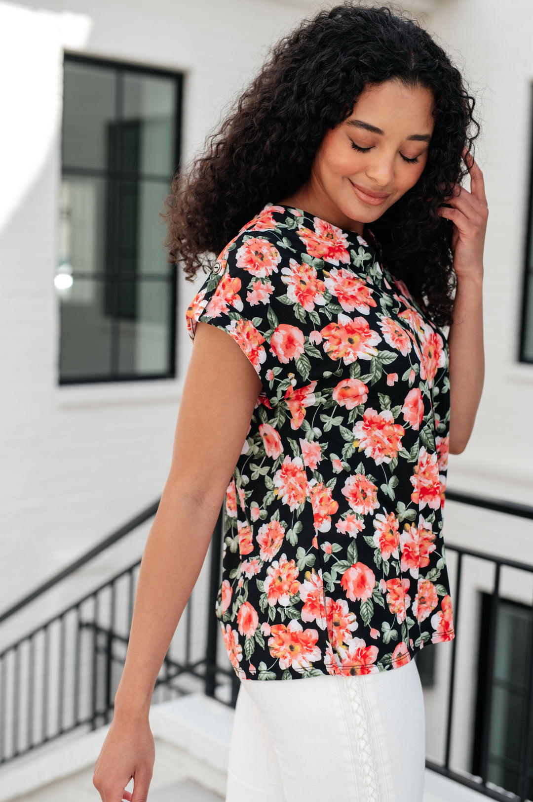 Lizzy Cap Sleeve Top in Black and Coral Floral-Tops-Ave Shops-[option4]-[option5]-[option6]-[option7]-[option8]-Shop-Boutique-Clothing-for-Women-Online