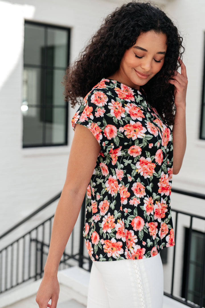 Lizzy Cap Sleeve Top in Black and Coral Floral-Tops-Ave Shops-[option4]-[option5]-[option6]-[option7]-[option8]-Shop-Boutique-Clothing-for-Women-Online