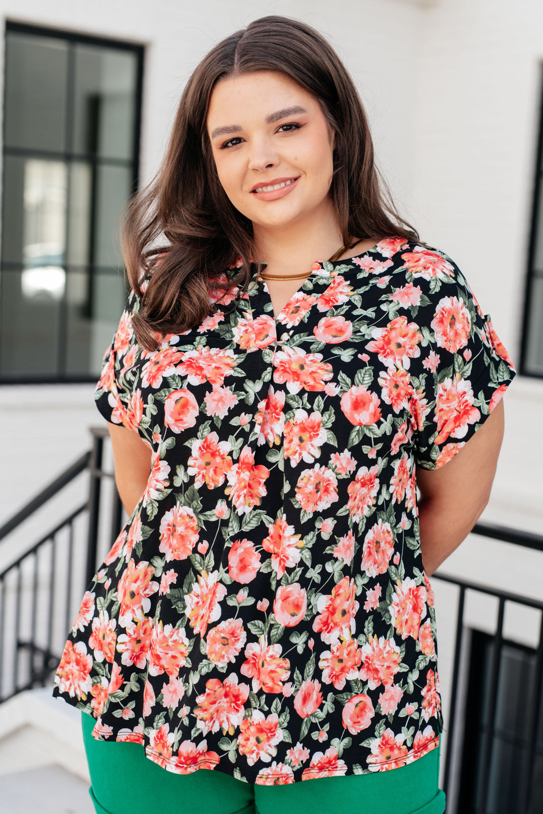 Lizzy Cap Sleeve Top in Black and Coral Floral-Tops-Ave Shops-[option4]-[option5]-[option6]-[option7]-[option8]-Shop-Boutique-Clothing-for-Women-Online