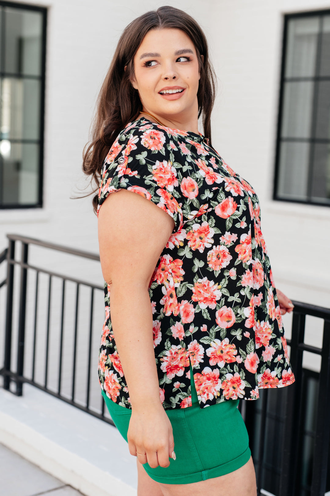 Lizzy Cap Sleeve Top in Black and Coral Floral-Tops-Ave Shops-[option4]-[option5]-[option6]-[option7]-[option8]-Shop-Boutique-Clothing-for-Women-Online