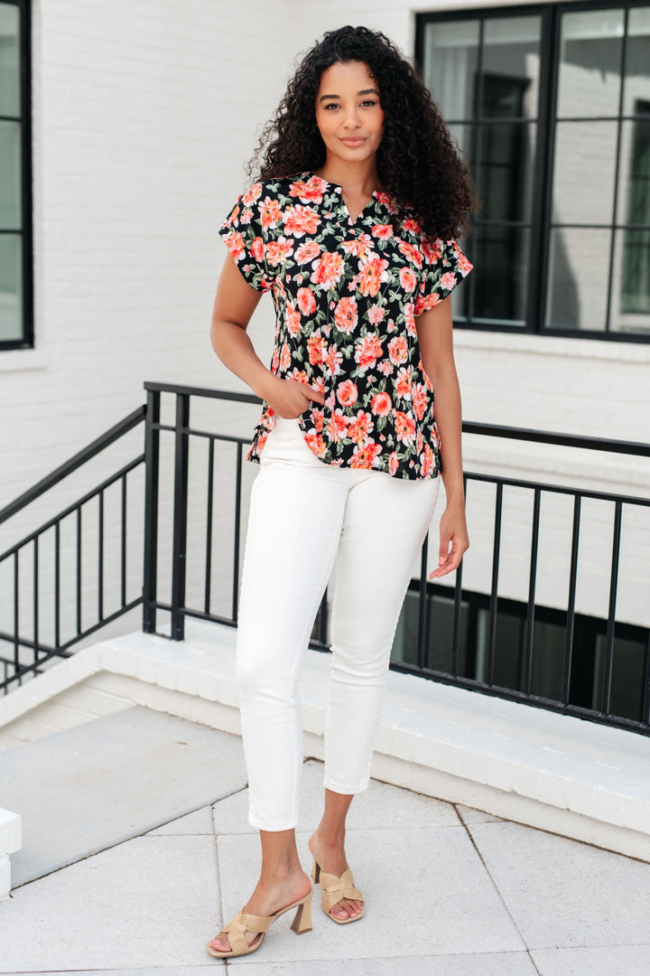 Lizzy Cap Sleeve Top in Black and Coral Floral-Tops-Ave Shops-[option4]-[option5]-[option6]-[option7]-[option8]-Shop-Boutique-Clothing-for-Women-Online