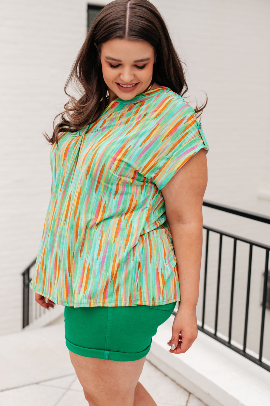 Lizzy Cap Sleeve Top in Lime and Emerald Multi Stripe-Tops-Ave Shops-[option4]-[option5]-[option6]-[option7]-[option8]-Shop-Boutique-Clothing-for-Women-Online