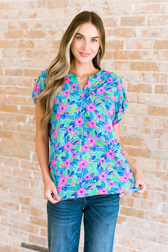 Lizzy Cap Sleeve Top in Mint and Lavender Floral-Tops-Ave Shops-[option4]-[option5]-[option6]-[option7]-[option8]-Shop-Boutique-Clothing-for-Women-Online