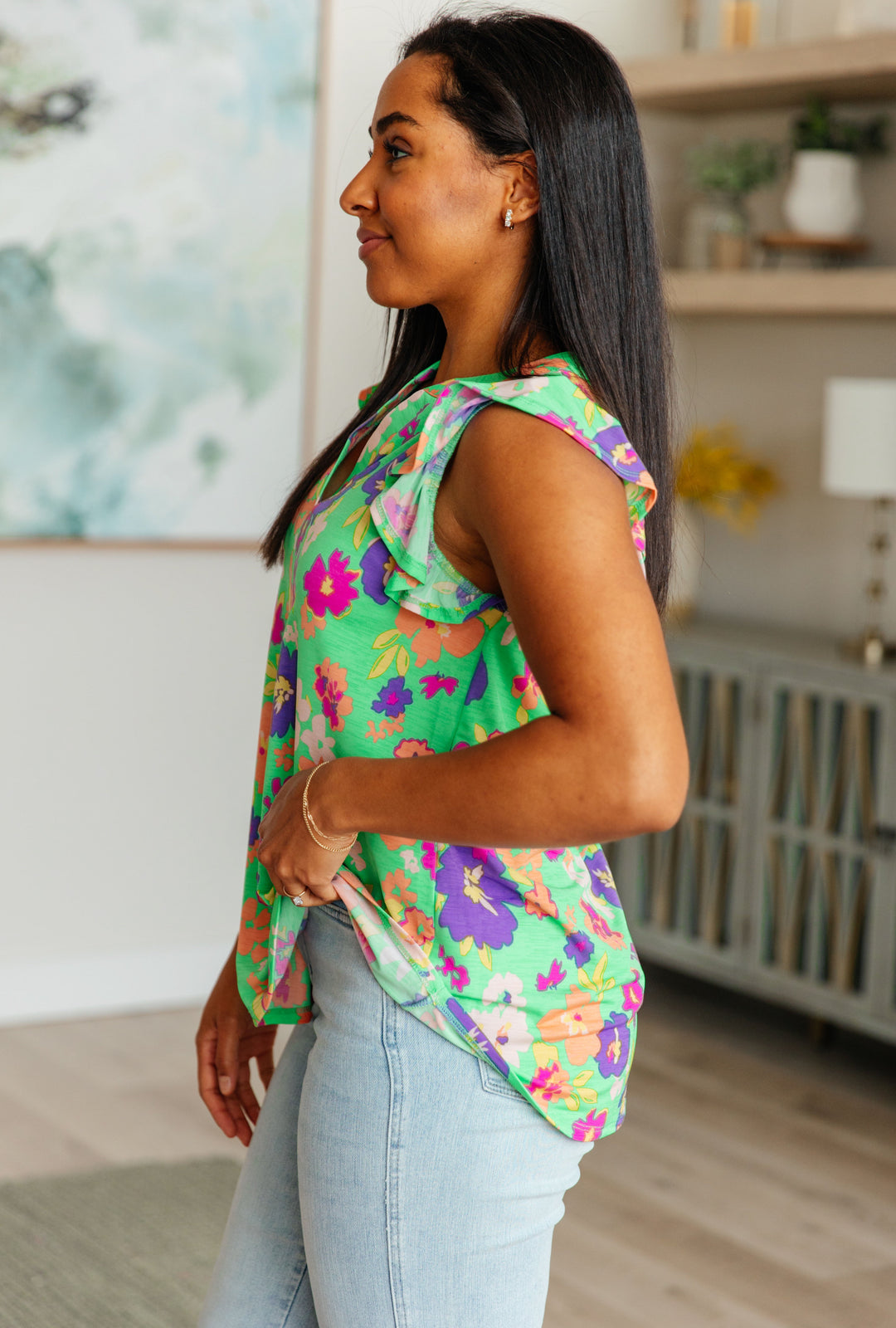 Lizzy Flutter Sleeve Top in Emerald and Purple Floral-Tops-Ave Shops-[option4]-[option5]-[option6]-[option7]-[option8]-Shop-Boutique-Clothing-for-Women-Online