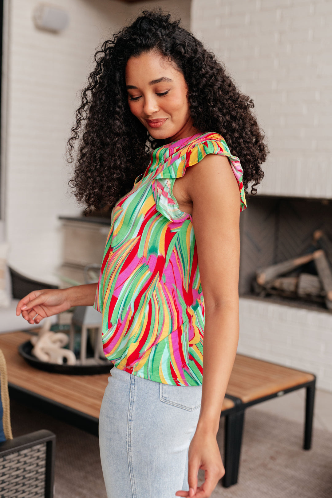 Lizzy Flutter Sleeve Top in Green Multi Abstract Stripe-Tops-Ave Shops-[option4]-[option5]-[option6]-[option7]-[option8]-Shop-Boutique-Clothing-for-Women-Online