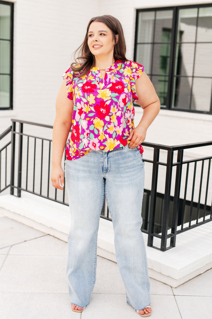 Lizzy Flutter Sleeve Top in Magenta and Yellow Floral-Tops-Ave Shops-[option4]-[option5]-[option6]-[option7]-[option8]-Shop-Boutique-Clothing-for-Women-Online