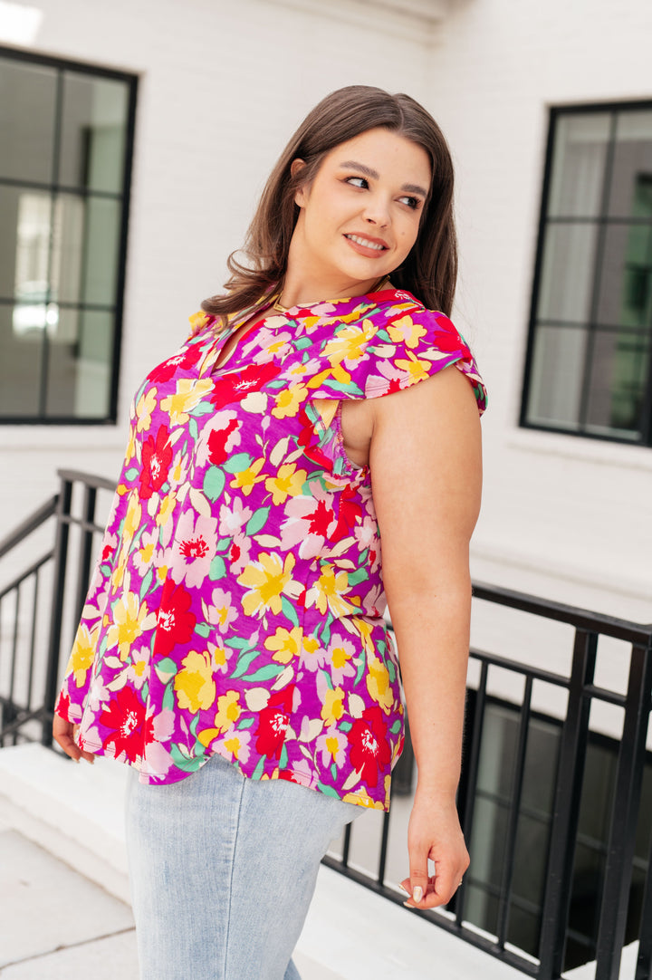 Lizzy Flutter Sleeve Top in Magenta and Yellow Floral-Tops-Ave Shops-[option4]-[option5]-[option6]-[option7]-[option8]-Shop-Boutique-Clothing-for-Women-Online