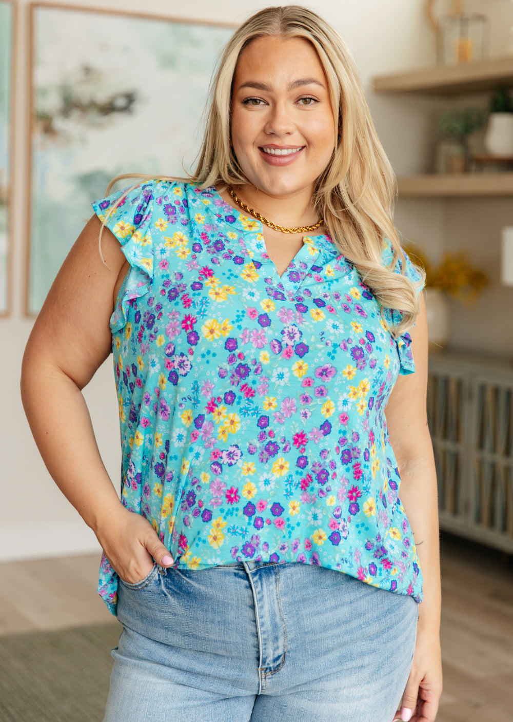 Lizzy Flutter Sleeve Top in Teal and Purple Floral-Tops-Ave Shops-[option4]-[option5]-[option6]-[option7]-[option8]-Shop-Boutique-Clothing-for-Women-Online