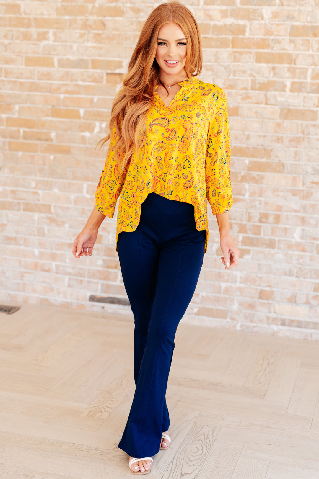 Lizzy Top in Yellow and Navy Paisley-Tops-Ave Shops-[option4]-[option5]-[option6]-[option7]-[option8]-Shop-Boutique-Clothing-for-Women-Online