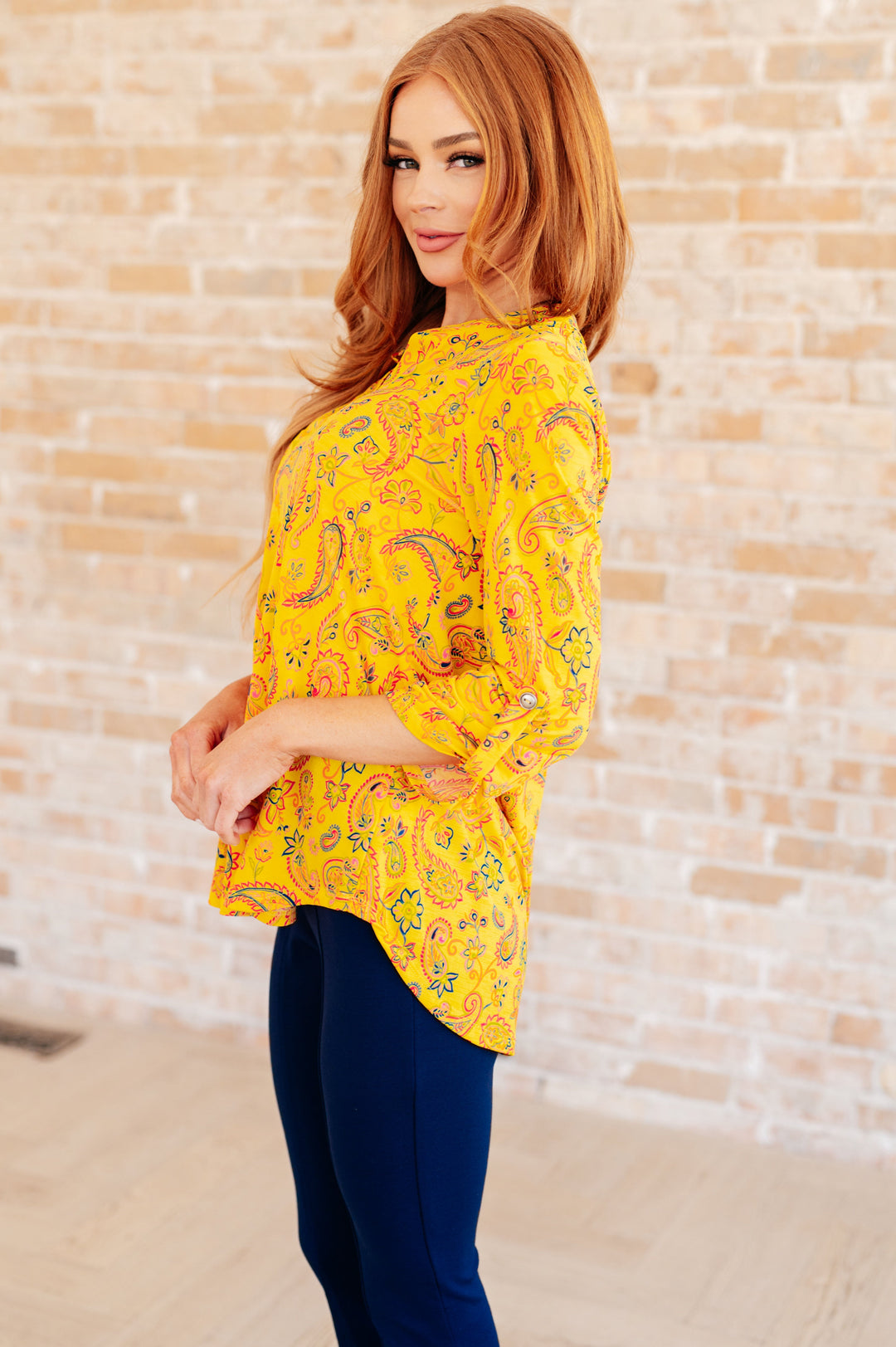 Lizzy Top in Yellow and Navy Paisley-Tops-Ave Shops-[option4]-[option5]-[option6]-[option7]-[option8]-Shop-Boutique-Clothing-for-Women-Online