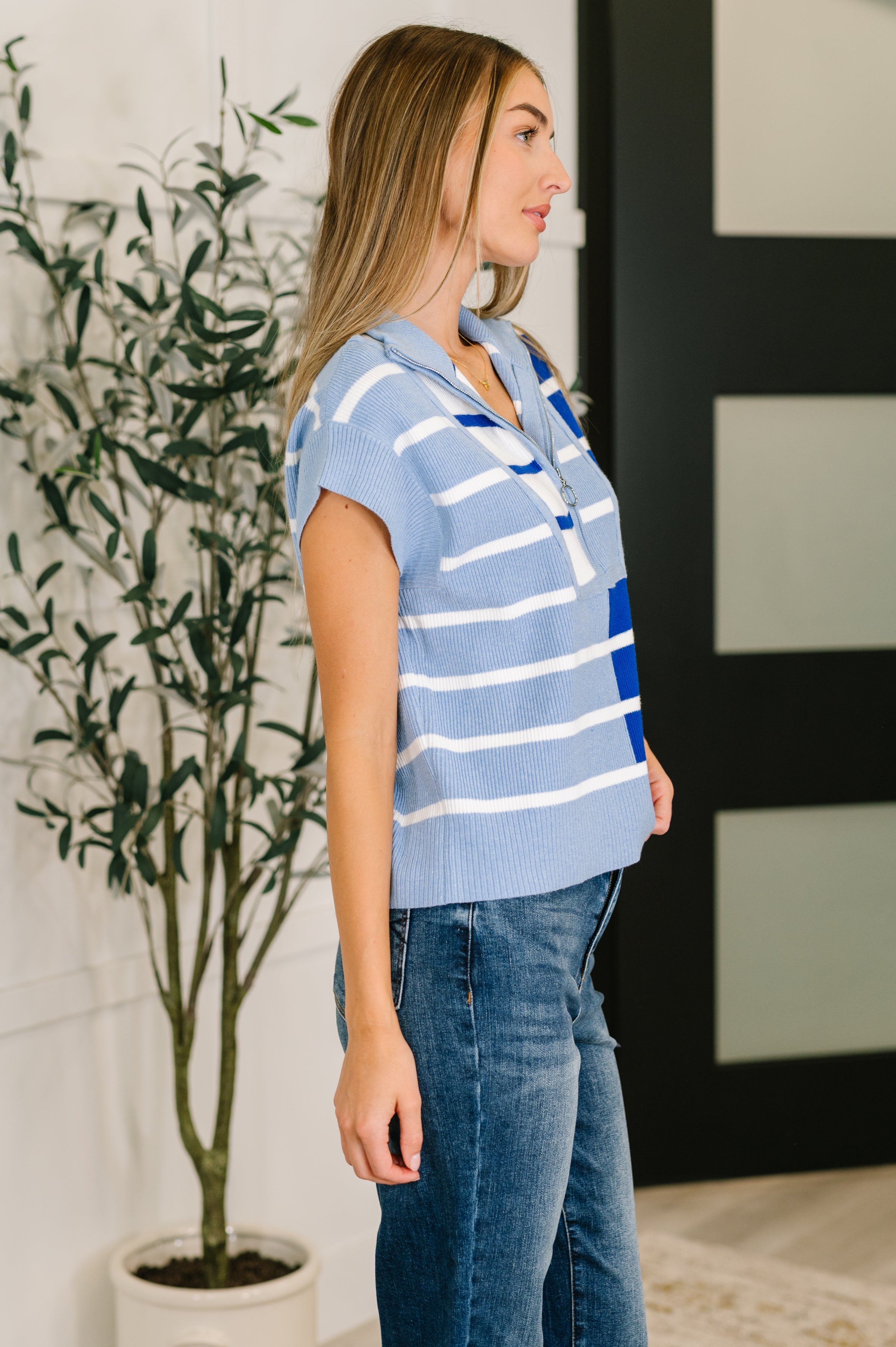 Lonely Traveler Striped Quarter Zip Vest in Blue-Womens-Ave Shops-[option4]-[option5]-[option6]-[option7]-[option8]-Shop-Boutique-Clothing-for-Women-Online