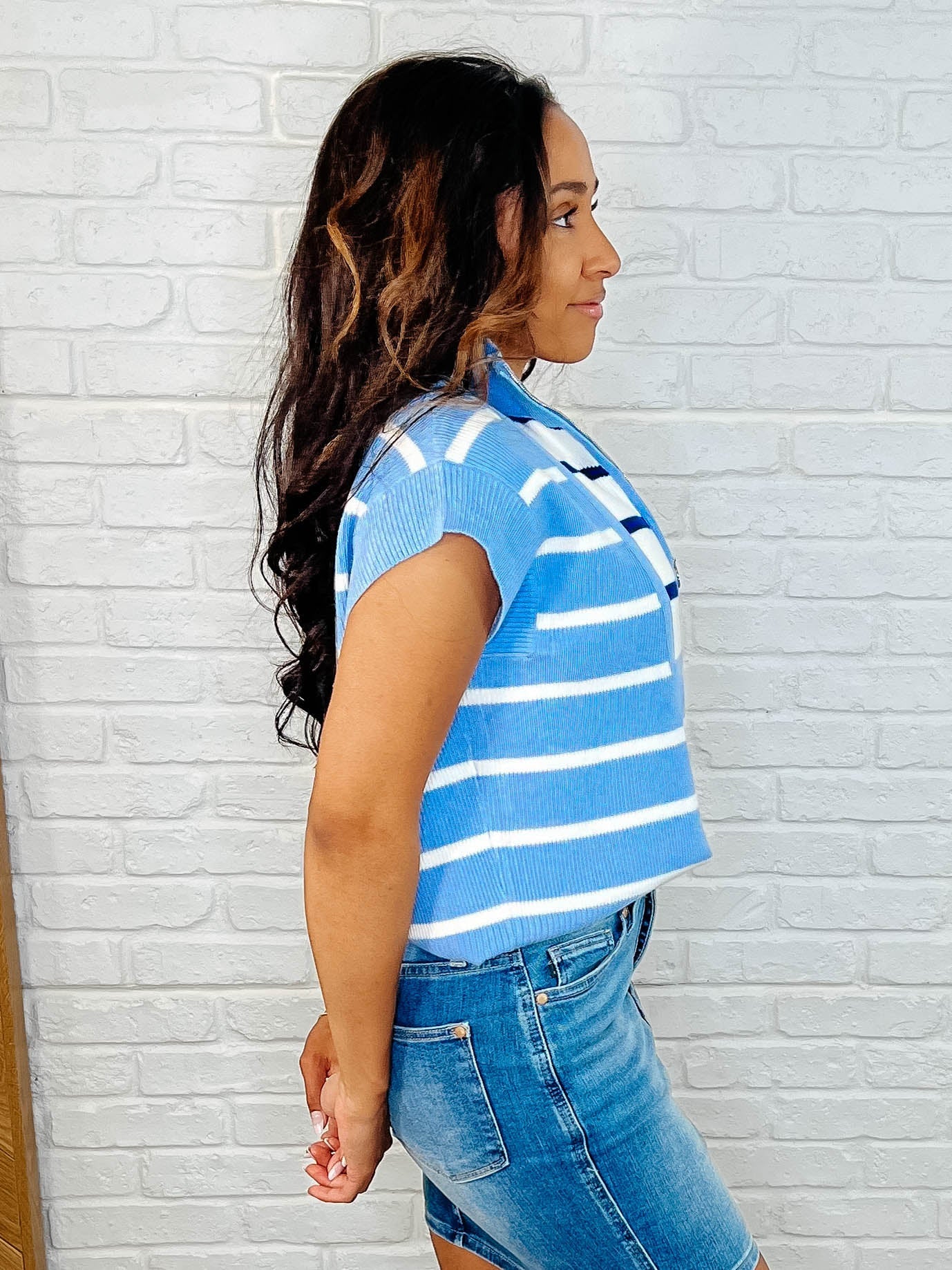 Lonely Traveler Striped Quarter Zip Vest in Blue-Womens-Ave Shops-[option4]-[option5]-[option6]-[option7]-[option8]-Shop-Boutique-Clothing-for-Women-Online