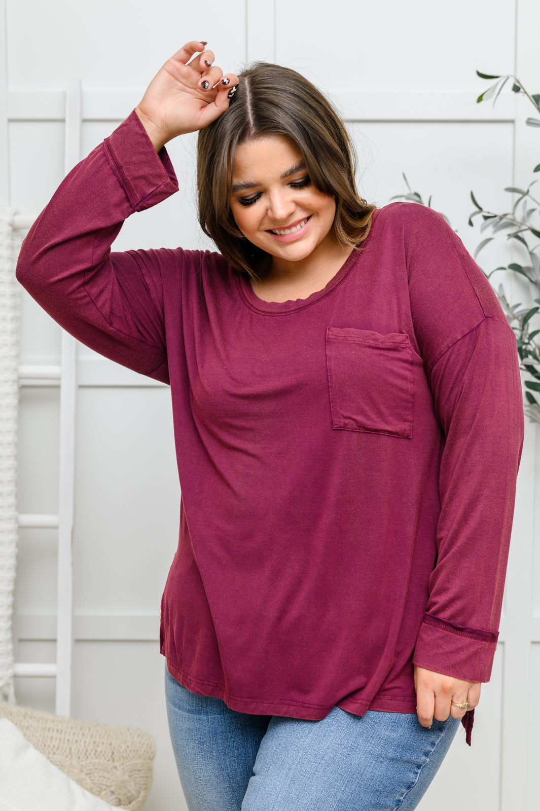 Long Sleeve Knit Top With Pocket In Burgundy-Womens-Ave Shops-[option4]-[option5]-[option6]-[option7]-[option8]-Shop-Boutique-Clothing-for-Women-Online